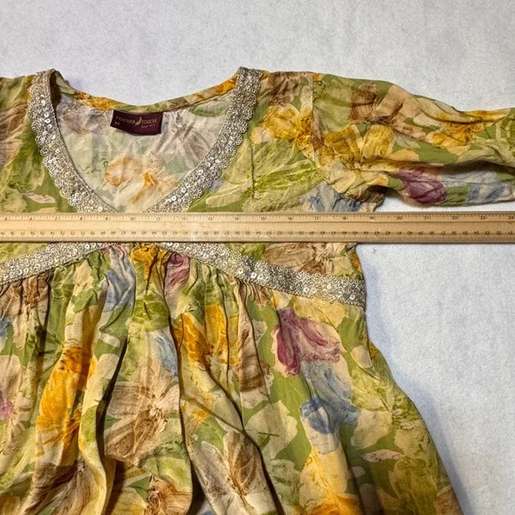 Feather Touch Floral Maxi Dress Womens M Green Sequin Trim Cottagecore Boho - Picture 6 of 12